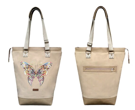 Butterfly Prints Shoulder Bag Beige Big Tote Bag Canvas Cotton Zippered Summer Beach Bag Gift for Women Designer Bags Bucket Bag Etsy Ireland