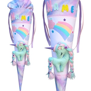 School cone matching unicorn with braids school bag, for girls, desired name, rainbow sugar cone