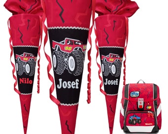Monster Truck school cone matching the Monster Truck Rocky design, for boys, sewn, personalized with name of your choice