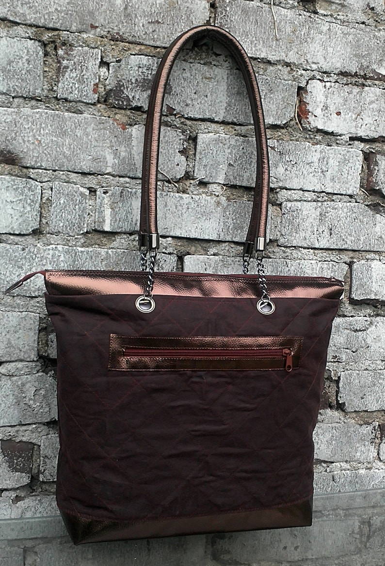 Large Quilted Tote Bag With Zipper Burgundybrown Etsy