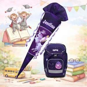 Personalized school cone with Pegasus name, purple – fabric school cone with 3D embroidery and rhinestones, matching the Bärgasus design by Ergobag, for starting school – girls