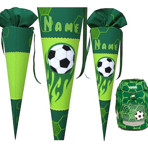May include: Green and lime green school cone with a soccer ball design and the word "NAME" on the front. A matching green backpack with a soccer ball design is also included.
