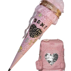 Cornet d'école rose Leoprint assorti au cartable Furry, coeur pailleté, cousu, avec nom