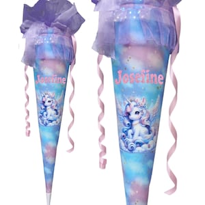 Cono escolar personalizado unicornio | con nombre | cartón en blanco y cubierta de tela | Se adapta a muchas mochilas escolares | Cono de caramelo pastel para niñas