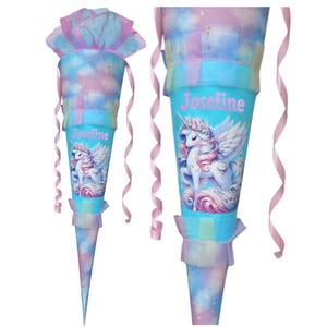 School cone with name | Rainbow school cone with unicorn | Pink-blue | Cotton organza | School enrollment gift for girls