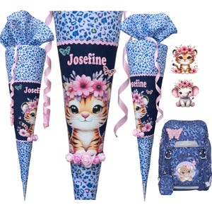 Cône d'école personnalisé avec nom | Léopard et Tigre | Assorti au sac Cheetah Beckmann | Coton | Cadeau d'inscription scolaire pour les filles
