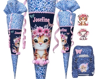 Personalized school cone with name | Leopard and tiger | Matching the Cheetah Beckmann satchel | Cotton | School enrollment gift for girls