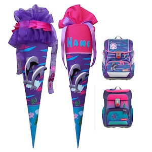 Personalized school cone with name | Shiny Dolphins & Cloud Ocean | Matching the school bag | Sewn candy cone for girls