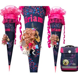 School cone matching the School Mood Leni dog / for girls / with colorful stars / horse with a realistic mane / sewn / name