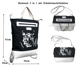 Black-white backpack Transformer 2 in 1. Waterproof backpack 3 in 1.Oil-skin.Eco-Leather.Shoulder bag with Tiger pattern.Laptop backpack