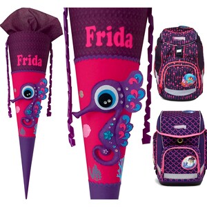 Könnte beinhalten: Ein rosa-lila Schulranzen mit Seepferdchen-Motiv. Zum Ranzen gehört ein passender lila-rosa Schultüte mit dem Namen "Frida" darauf.