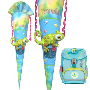 School cone with 3D chameleon – matching the DerDieDas Primavera – personalized, 70/80 cm, fabric school cone for girls