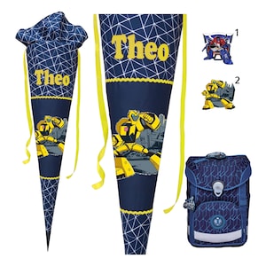 May include: A blue and yellow school cone with a yellow ribbon and the name "Theo" embroidered on it. The cone features a cartoon image of a yellow robot. The set also includes a blue backpack with a geometric pattern and a yellow robot.