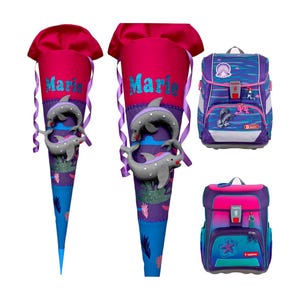 Cône d'école avec dauphin 3D – assorti Step by Step Shiny Dolphins & CLOUD OCEAN – avec nom – fille – personnalisé