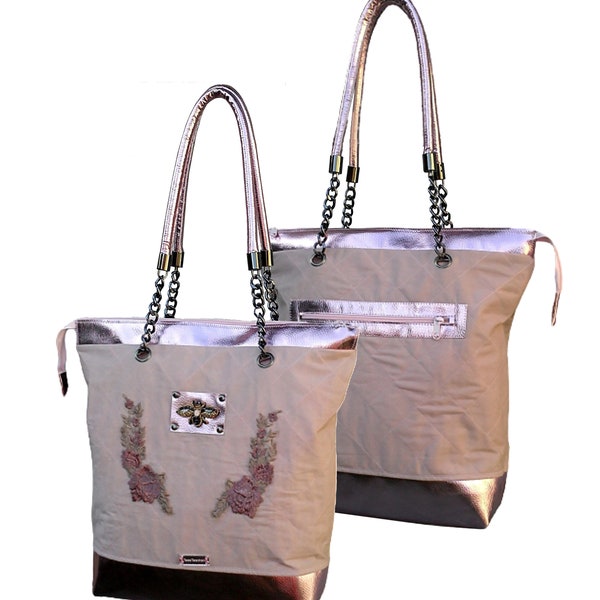 Large pink tote bag/Quilted bag/Canvas Tote/Waterproof bag/Designer bag/Oil-skin Shoulder bag/Embroidered roses/ bee tote bag/Gift for wife