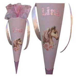 School cone horse pink pastel | Candy cone with name | Fabric school cone 70-80 cm | First day of school for girls | School cone with tulle