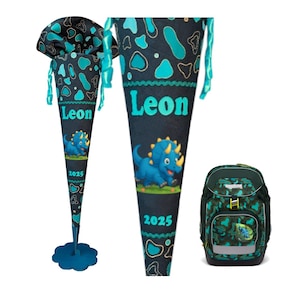 Cône d'école Dino Leon – assorti au cartable dinosaure Ergobag – personnalisé – Triceratops 3D – inscription scolaire 2025