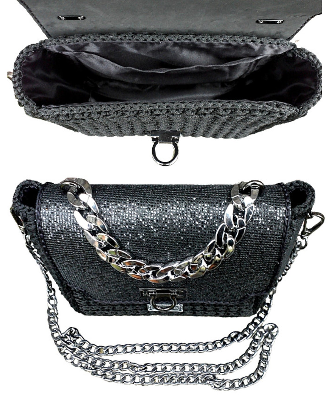 Small black evening bag with massive chain.Shiny clutch with Etsy