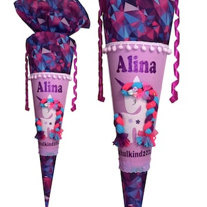 Unicorn school cone – Personalized fabric school cone with name – Unicorn candy cone in pink & purple for girls for school enrollment 2025
