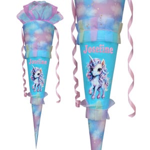 Personalized school cone with name | Rainbow school cone with unicorn | Pastel colors | Cotton organza | School enrollment gift for girls