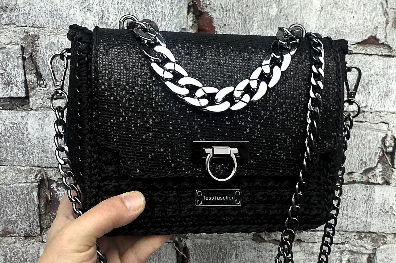 Small black evening bag with massive chain.Shiny clutch with Etsy