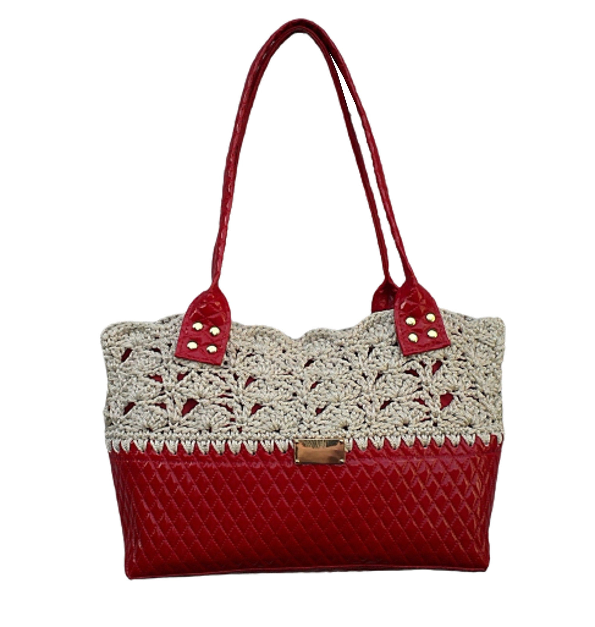 Red patent leather quilted tote bagCrochet lace bag Small Etsy