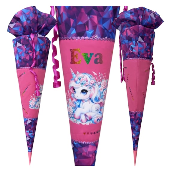 Cartable licorne personnalisé, pour fille, rose et violet, cousu