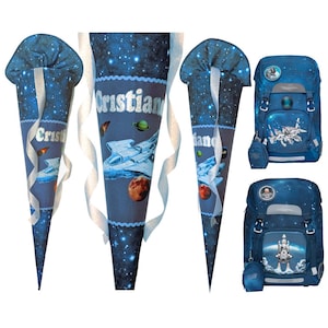 Spaceship School Cone 2025 – Fabric school cone with name & glitter lettering – Matching Beckmann Space Mission and Spaceship – for boys