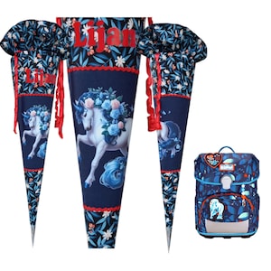 School cone white unicorn - matching the White Unicorn - for girls - desired name - candy cone blue red - school enrollment gift girls