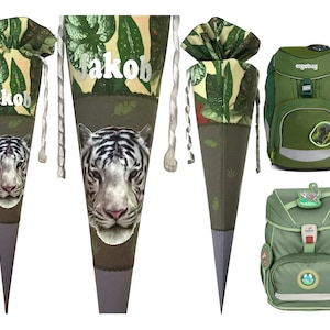 Cartable avec tigre, assorti Green Planet, Green MamBear Ergobag, pour garçons, cousu, personnalisé, nom souhaité, jungle, prédateurs