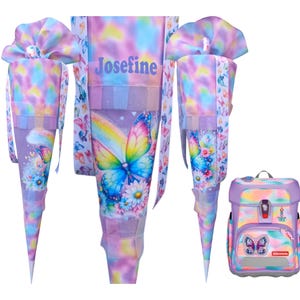 Cône scolaire personnalisé avec nom | arc-en-ciel et papillon | Sacoche assortie Butterfly Luna | cadeau d'inscription scolaire pour les filles