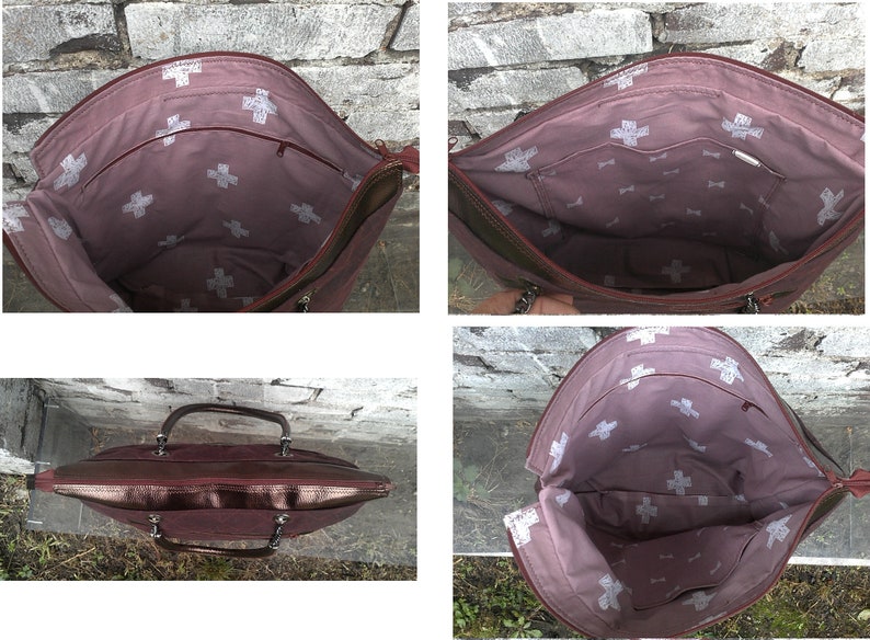 Large Quilted Tote Bag With Zipper Burgundybrown Etsy