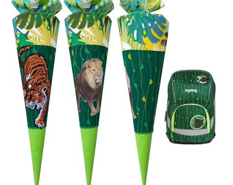School cone with tiger,lion, for boys, sewn, custom, with name, jungle, predators