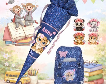 Könnte beinhalten: Eine blaue Schultüte mit Leopardenmuster, dem Namen Anna, einem Leopardenbaby und rosa Schmetterlingen, kombiniert mit einem passenden blauen Rucksack mit Leopardenmuster, einem rosa Schmetterlingsaufnäher und Leopardenmotiv.
