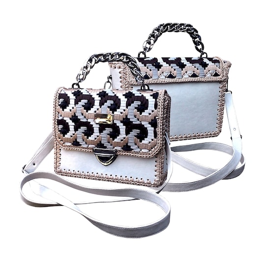 Designer Bag With Embroidery beige Brown Black White Bag Leather Handbag Chain Handle Shoulder Bag Abstract Pattern Bag gift for Women Etsy UK