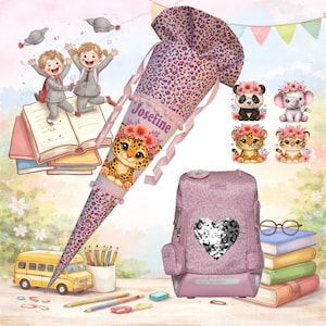 Könnte beinhalten: Eine rosa Schultüte mit Leopardenmuster mit dem Namen "Josefine" und einer niedlichen Leopardenillustration. Ein passender Rucksack mit einem Pailletten-Herz-Design und Tierillustrationen ist ebenfalls abgebildet. Das Bild hat ein Schulthema.