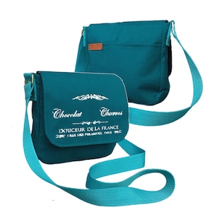 Un petit sac messager en toile. Sac à bandoulière turquoise avec imprimé. Sac de tablette. Sac messager hommes,unisexe