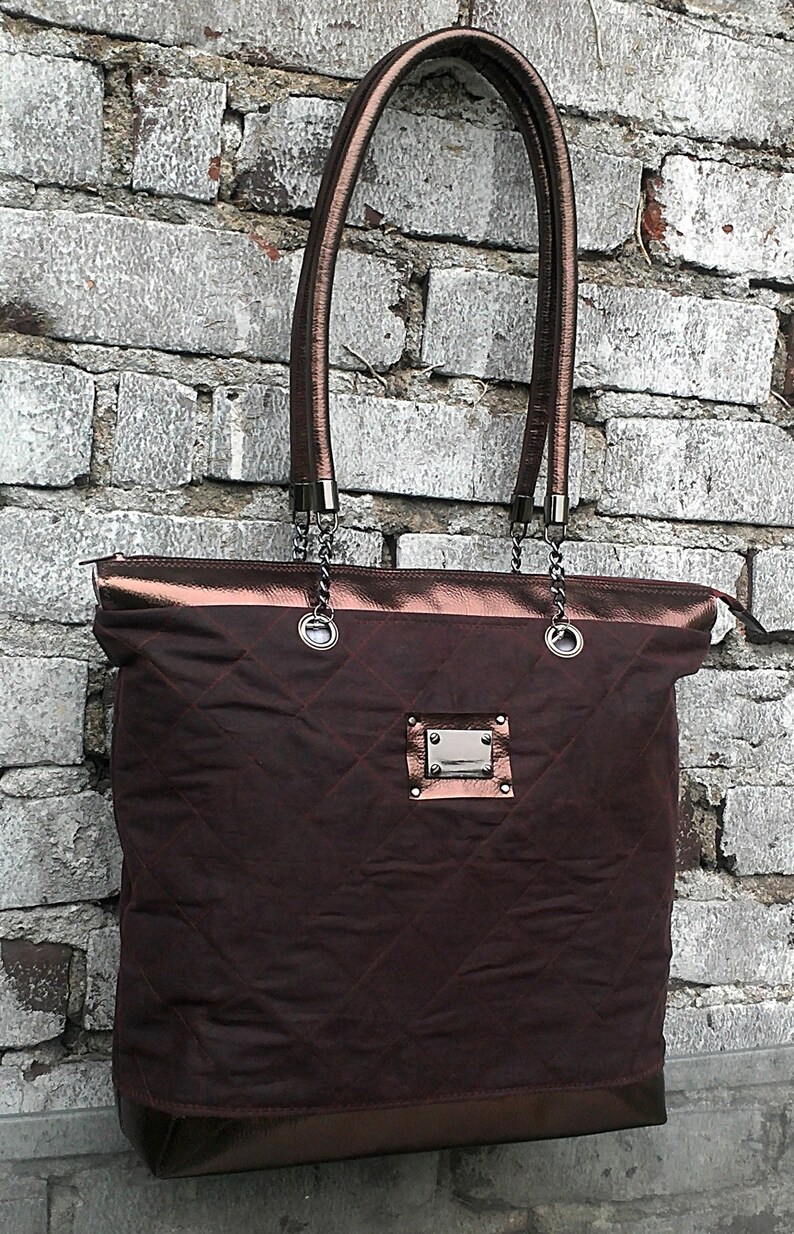 Large Quilted Tote Bag With Zipper Burgundybrown Etsy
