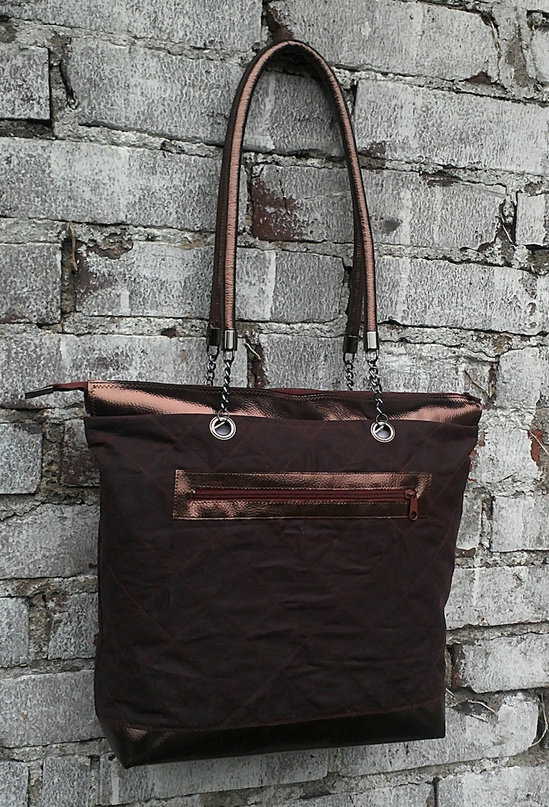 Large Quilted Tote Bag With Zipper Burgundybrown Etsy