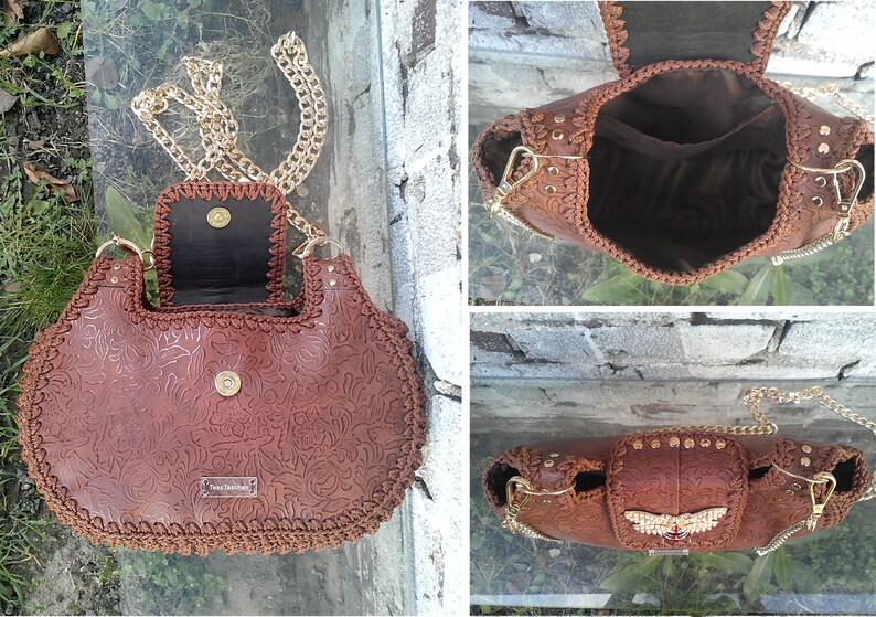 Soft Hobo bag/large dragonfly lock/Tan brown crossbody bag/massive shoulder chain/Crochet handbag/Handmade vegan leather bag /Floral bag Bild 3