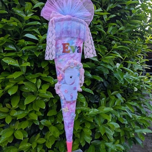 Unicorn school cone for girls | Pastel candy cone with name & tulle | Glitter school cone 70 cm | Personalized for school enrollment 2025