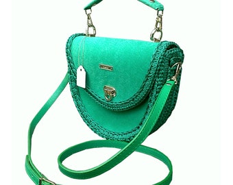 Women's round small genuine leather shoulder bag. Green Crossbody Bag.Knitted exclusive emerald green handbag for cell phone and key.