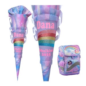 School cone with glittering rainbow – matching the Belmil Purple Sky – personalized – fabric school cone with name – 70 cm - 80 cm