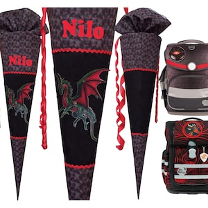 Cartable assorti Mika Dragon, cartable, dragon rouge, personnalisé, pour garçons, pour filles, cousu, tissu