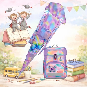 Puede incluir: Ilustración colorida para el regreso a clases, con una gran bolsa escolar en forma de cono con un diseño de mariposa y el nombre "Josefine". También se muestra una mochila a juego y un autobús escolar, con niños felices.