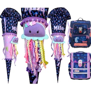 May include: A collection of school supplies featuring three cone-shaped school bags and two backpacks. The bags are decorated with jellyfish designs, ribbons, and the name "Mila". The backpacks have a space theme with a dark blue background and various patterns.