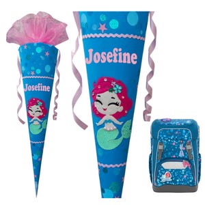 Personalized school cone with name - Mermaid - Aqua - Matching Mermaid Lola Step by Step - School enrollment gift for girls - Blue - Pink