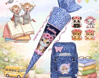 Könnte beinhalten: Eine blaue Schultüte mit Leopardenmuster, dem Namen Josefine, einer Tiger-Illustration und rosa Blumenakzenten, kombiniert mit einem passenden Rucksack, einem gelben Schulbus, Büchern und verschiedenen Tierillustrationen.