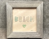 Genuine Sea Beach Glass Framed Art Picture, BEACH, Tiny Seafoam Heart, Surf-tumbled Beach Glass, One-of-a-Kind Original, Mosaic, Shadow Box