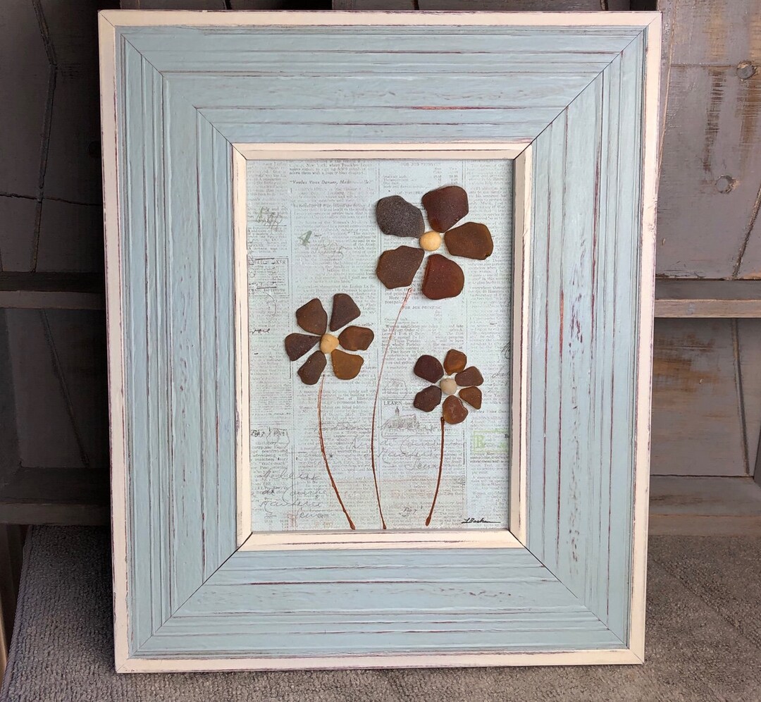 Genuine Sea Beach Glass Framed Art Picture, Trio of Daisies, Sea Glass